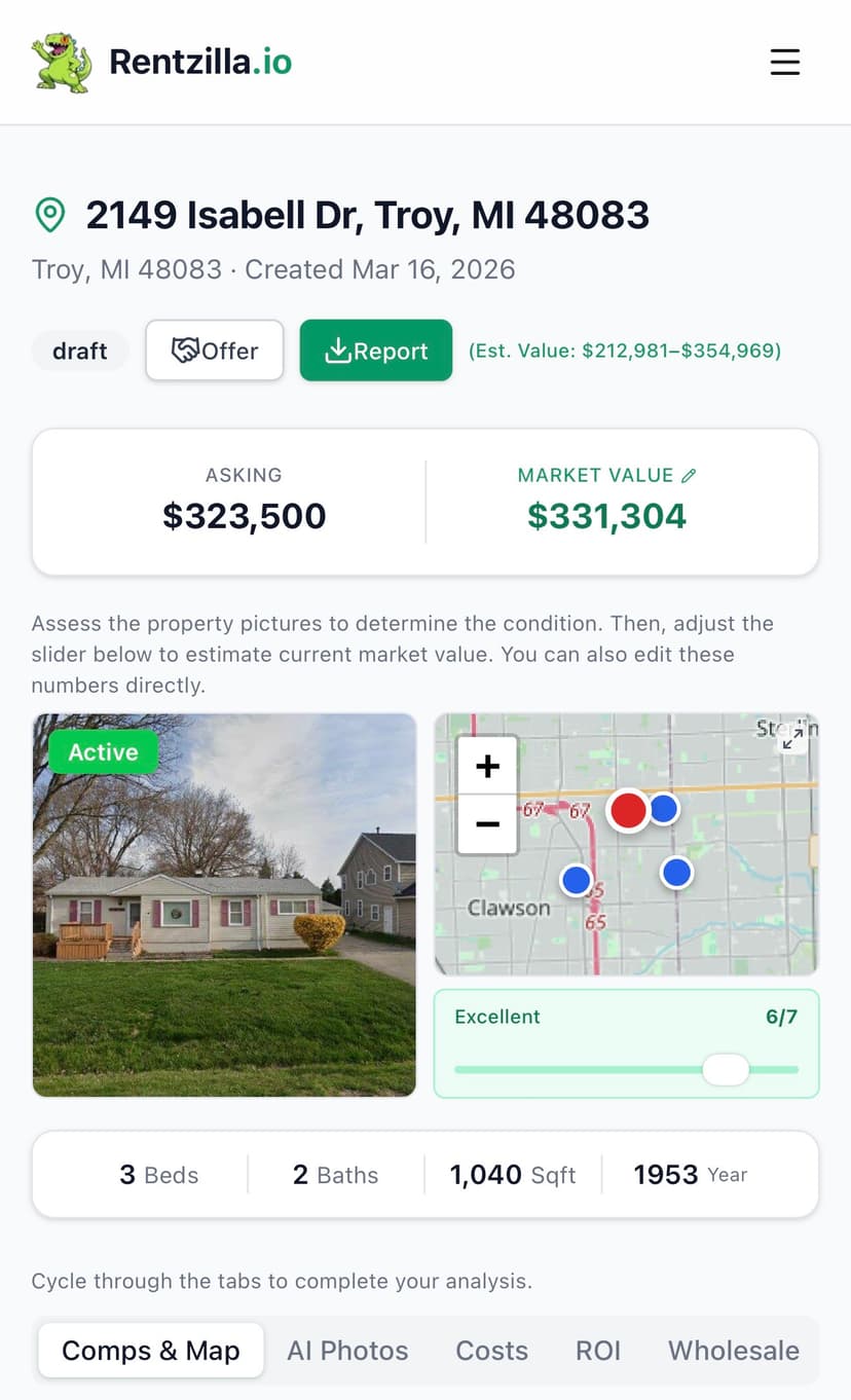 Rentzilla property details page showing address, asking price, market value, map, and property stats