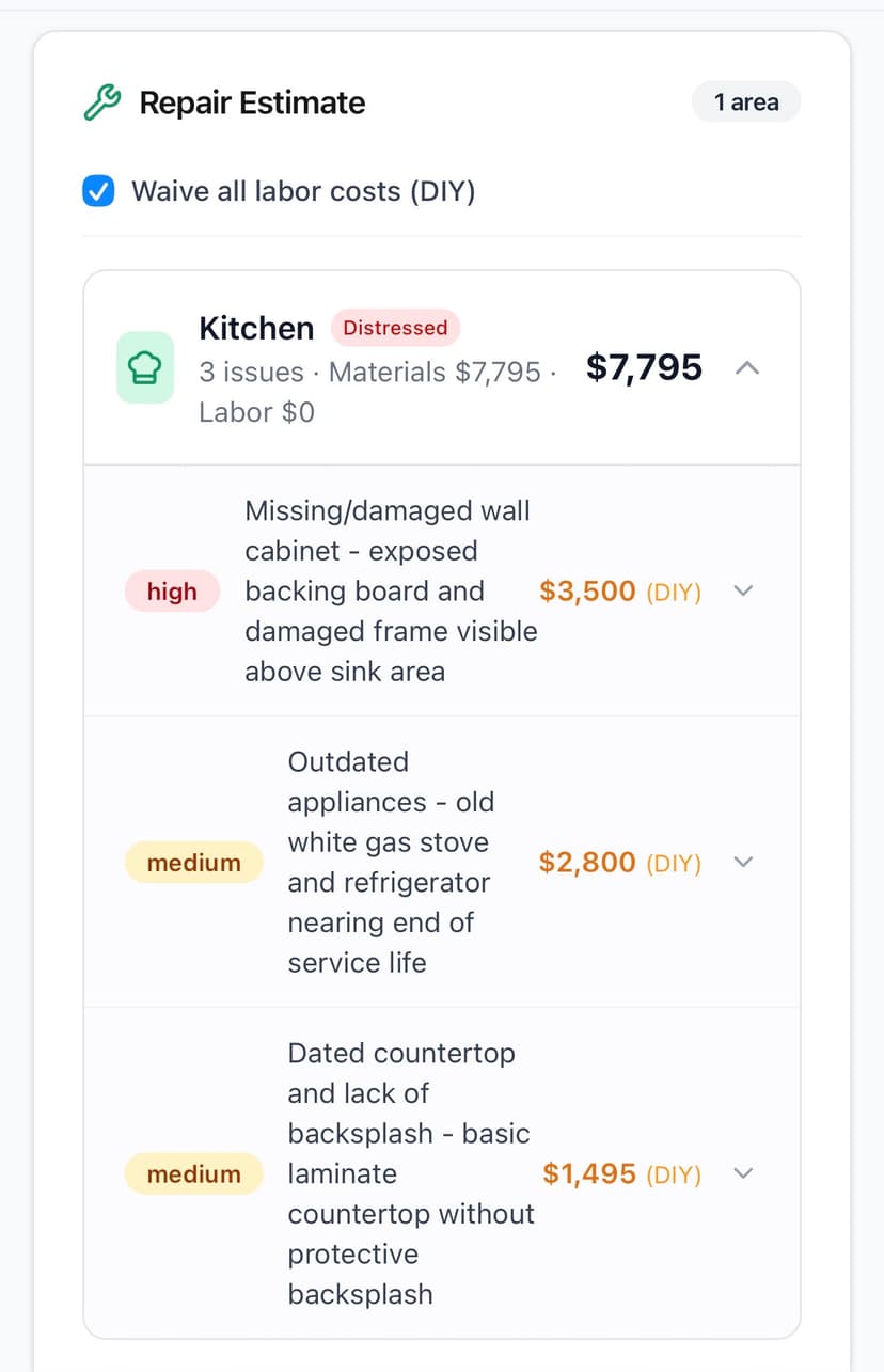 Repair estimate showing kitchen category with itemized costs and severity levels