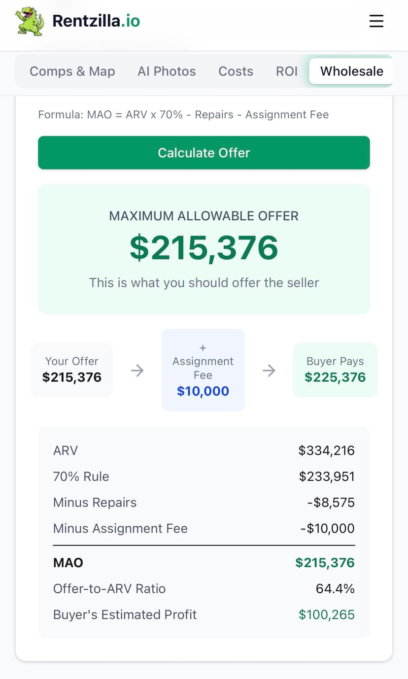 Wholesale MAO calculator showing maximum allowable offer, assignment fee, and buyer profit breakdown