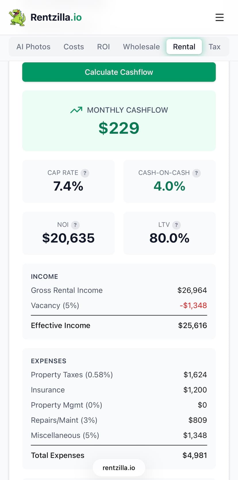 Rental cashflow analysis showing monthly cashflow, cap rate, cash-on-cash return, income and expenses